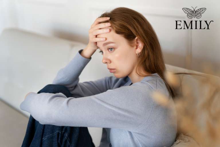Anxious woman on settee 768x512 Anxious woman on a settee